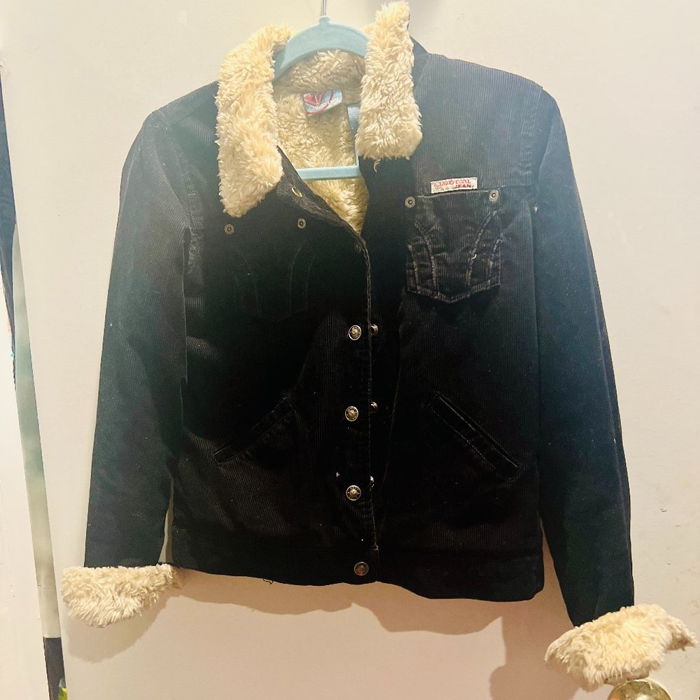 Roxy Girl Black Corduroy jacket with cream faux fur